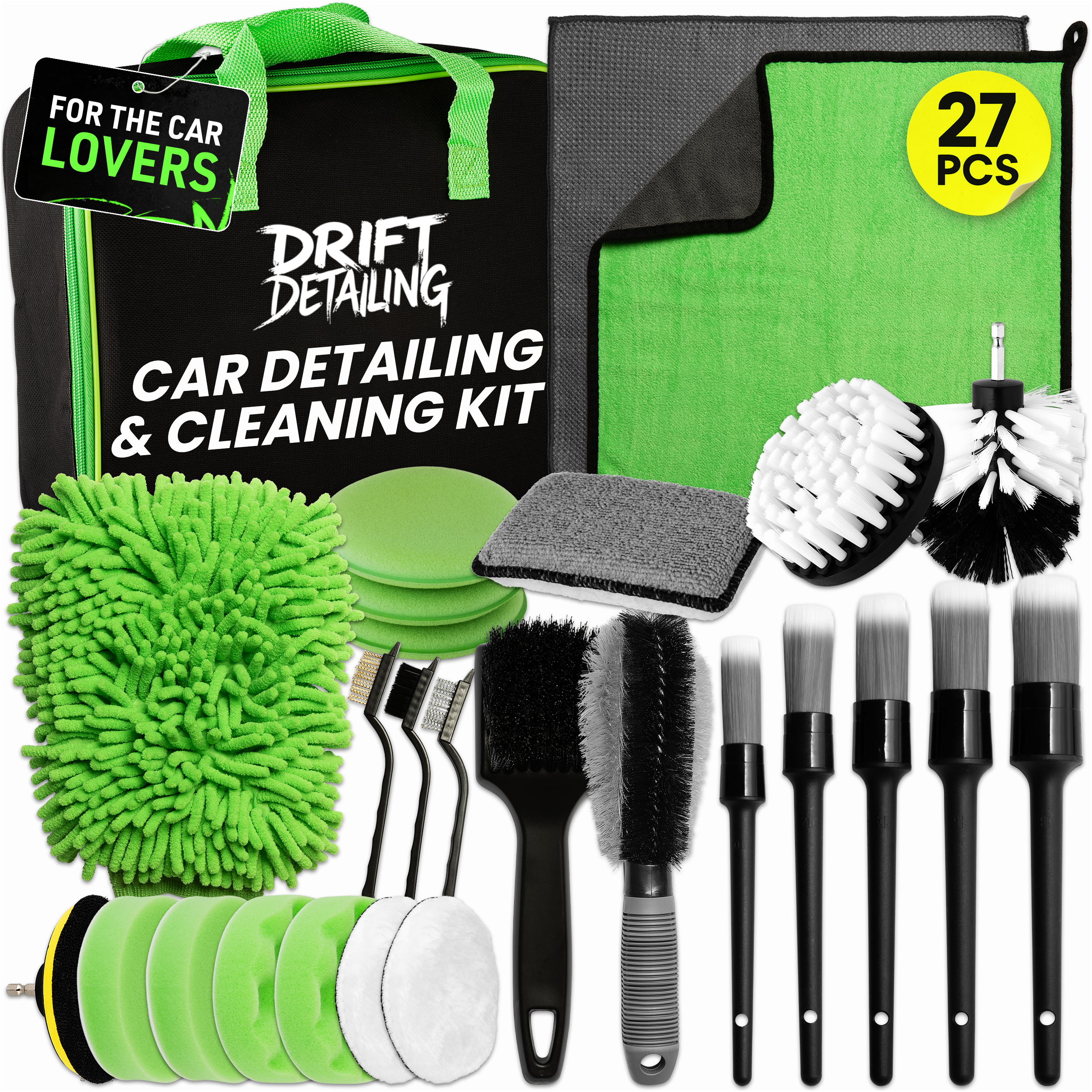 Drift Detailing 27 Pcs Car Cleaning Kit — complete set with brushes, polishing pads, wash mitt and carry bag